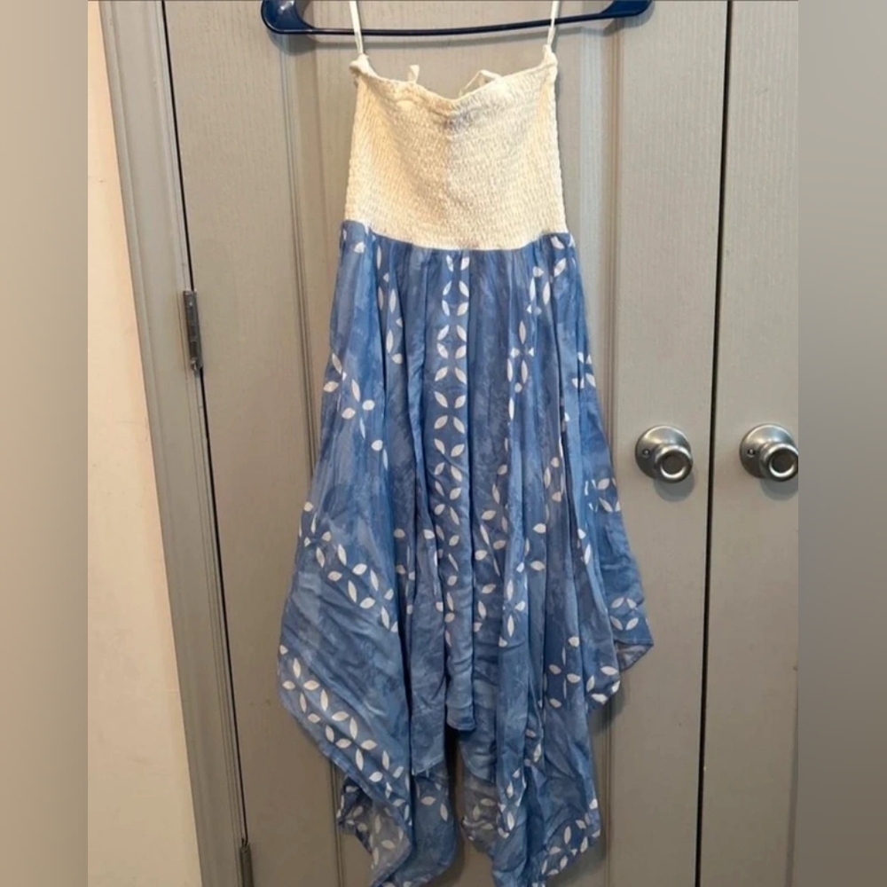 Blue and Cream Smocked Halter Handkerchief Dress